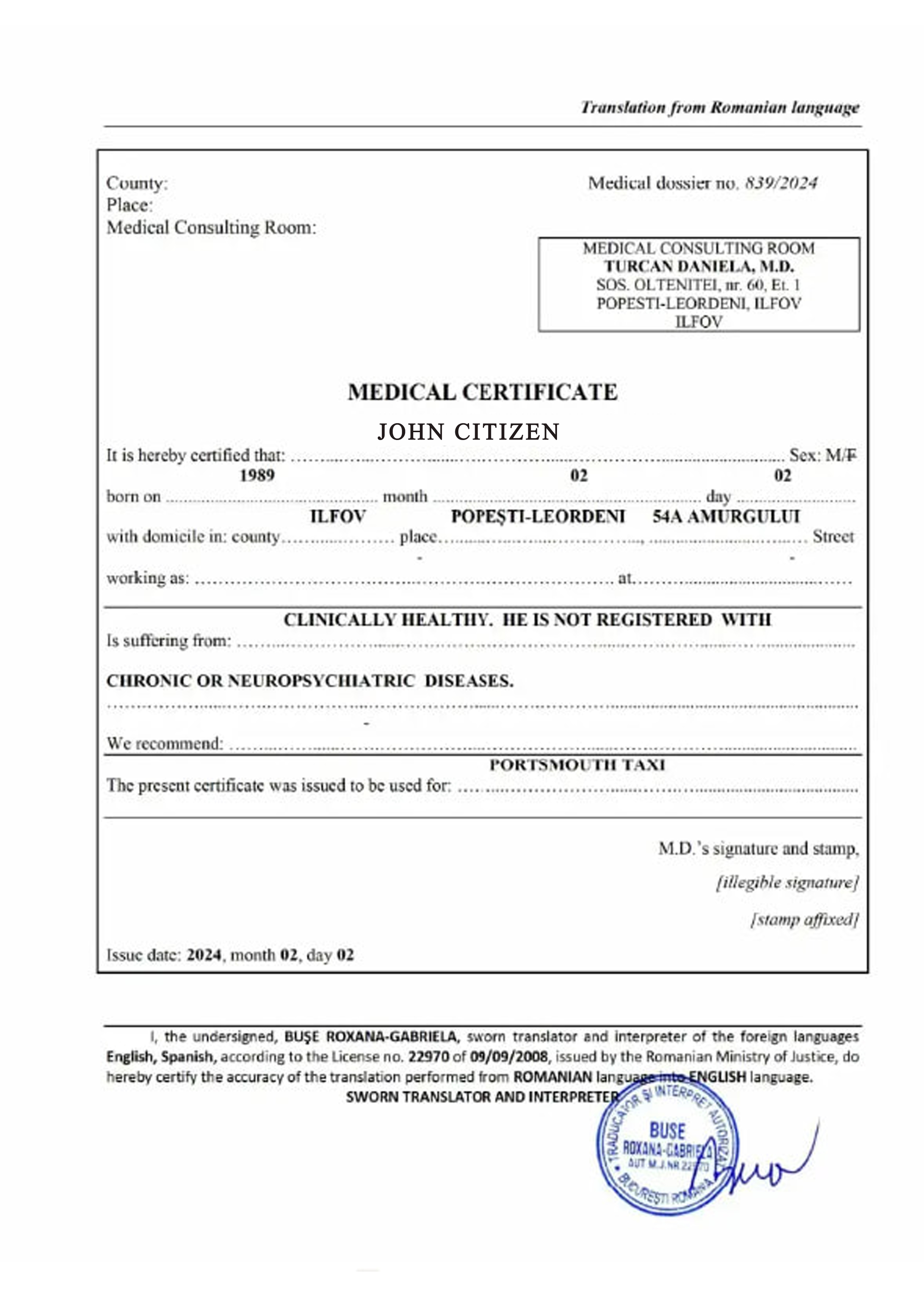 Romania medical certificate
